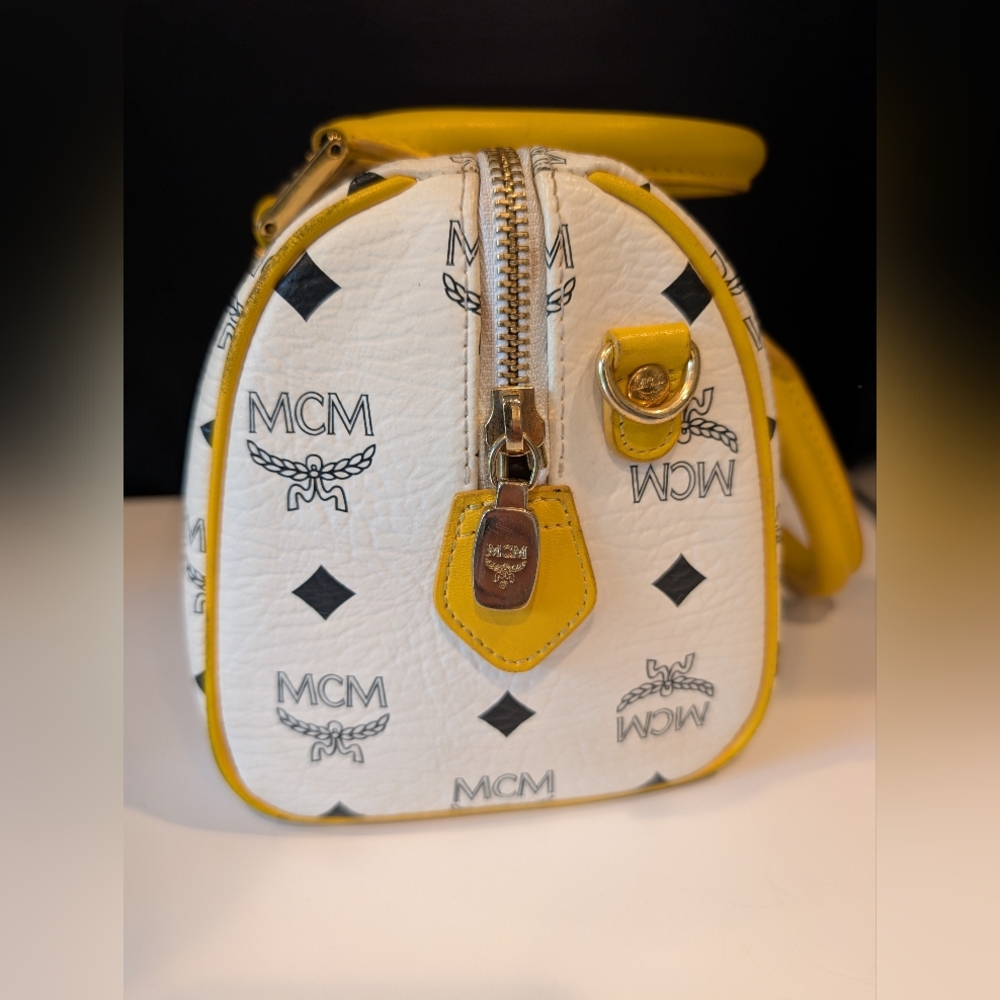 MCM White Visetos Satchel with Yellow Trim - Picture 3 of 10